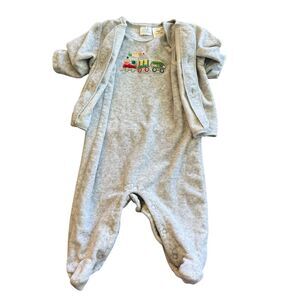 Vintage Embroidered Small Wonders Gray‎ Train Boy Two Piece 3-6 Months Adorable
